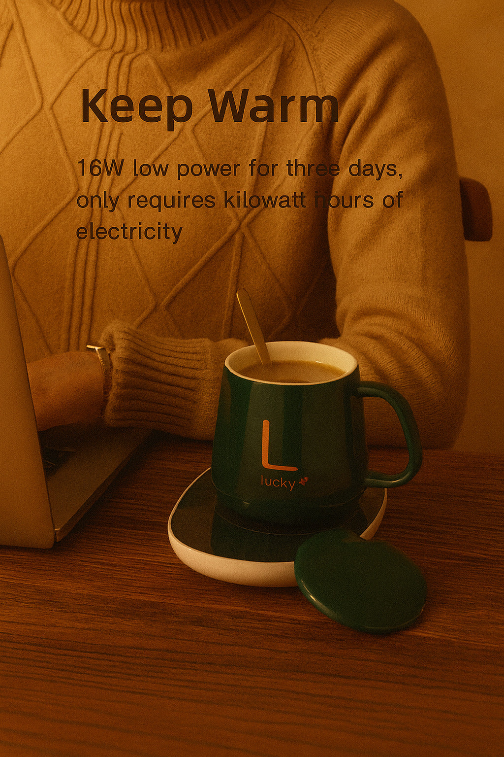 Ceramic Mug With Lid With Spoon Set W/ Warmer- SOLENNE SERAVA, Gift Box, Coffee Mug, For Office Or Home Use, Portable...